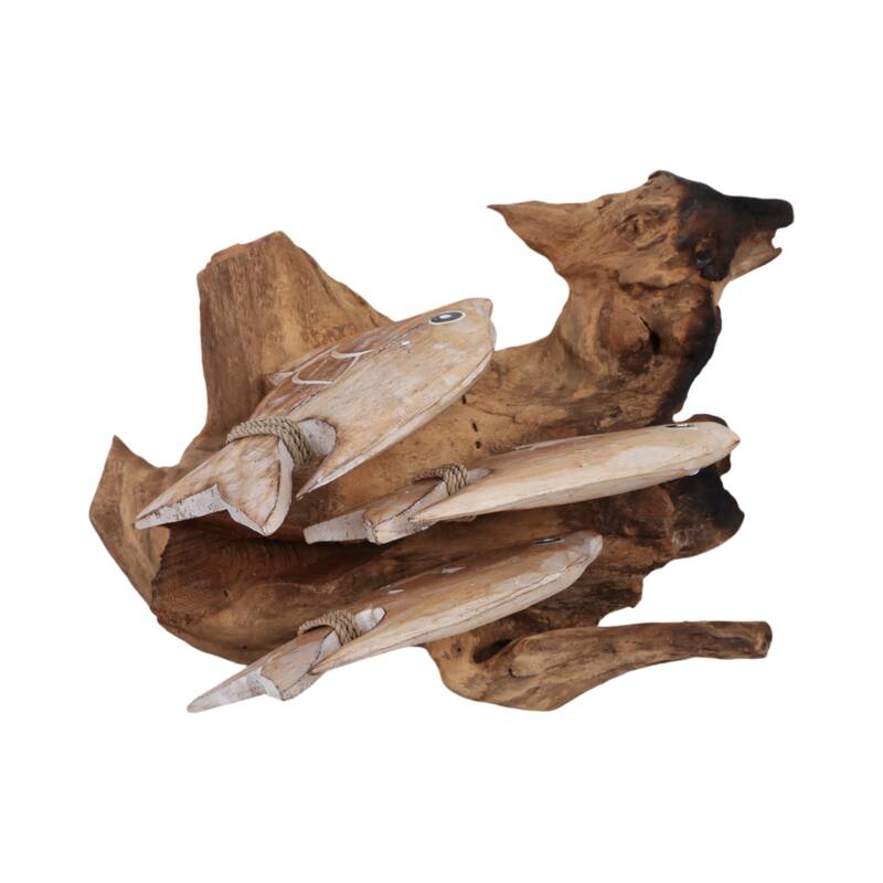 Wood Hand-Carved Fish Figurine Coastal Finish (Set of 2) - 9" Brown - 14" x 7.5" x 8.75"