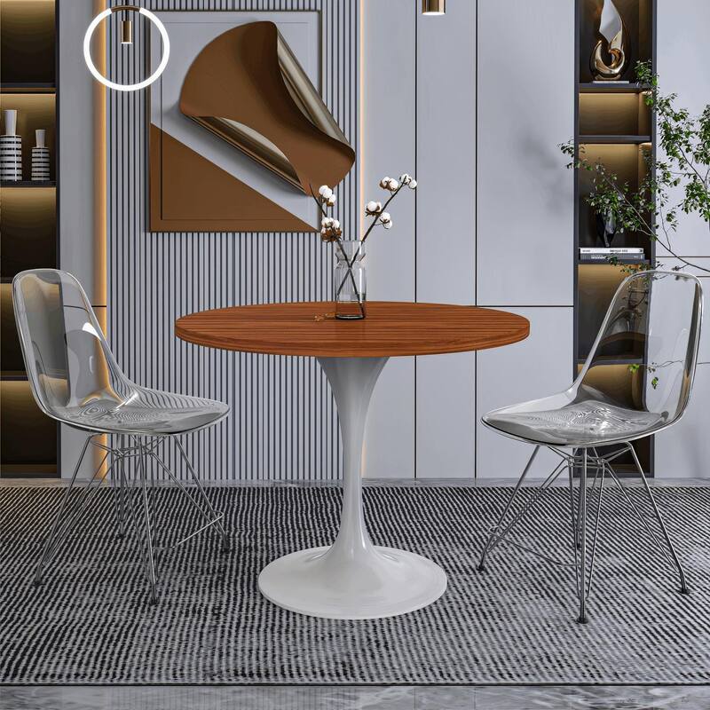 LeisureMod Verve 36" Round Dining Table with MDF Wood TableTop and White Steel Base for Kitchen & Dining Room
