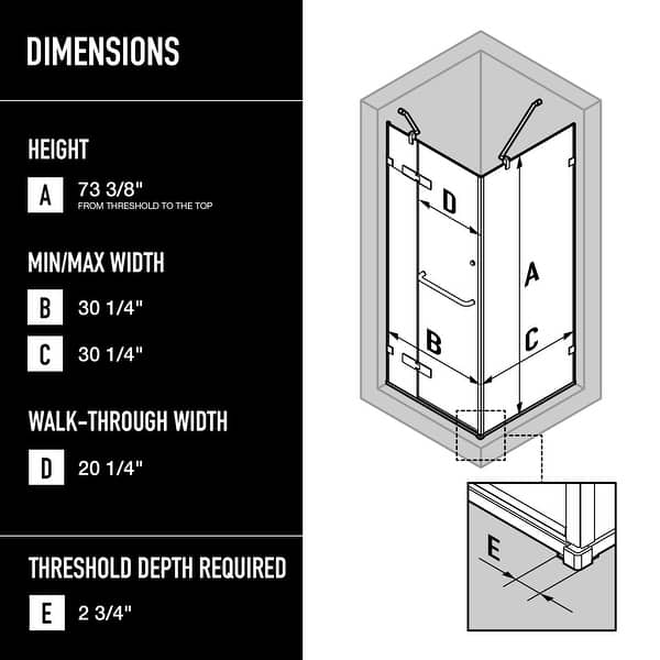 dimension image slide 1 of 3, VIGO Monteray 30"D x 30"W x 73"H Frameless Hinged Shower Enclosure