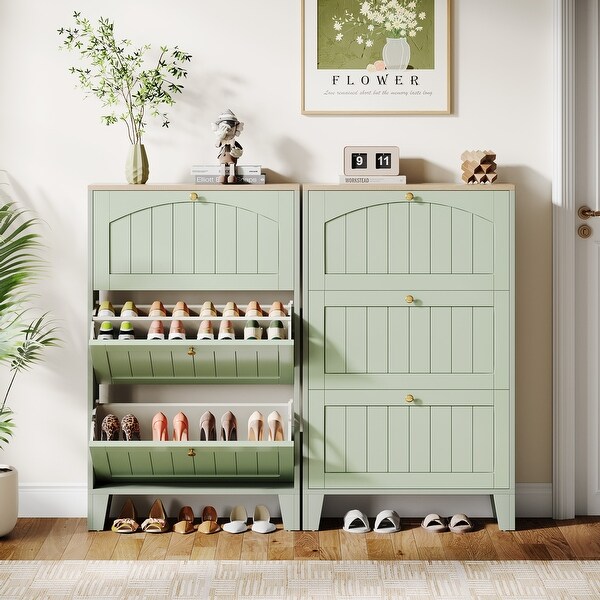 Narrow Shoe Storage Cabinet with 3 Flip Drawers, Green - Bed Bath