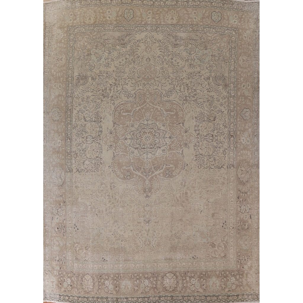 Hand Knotted Oriental 100% Wool Carpet Traditional Floral Beige & Ivories Tabriz Area Rug - 12' 7'' X 10' 2''