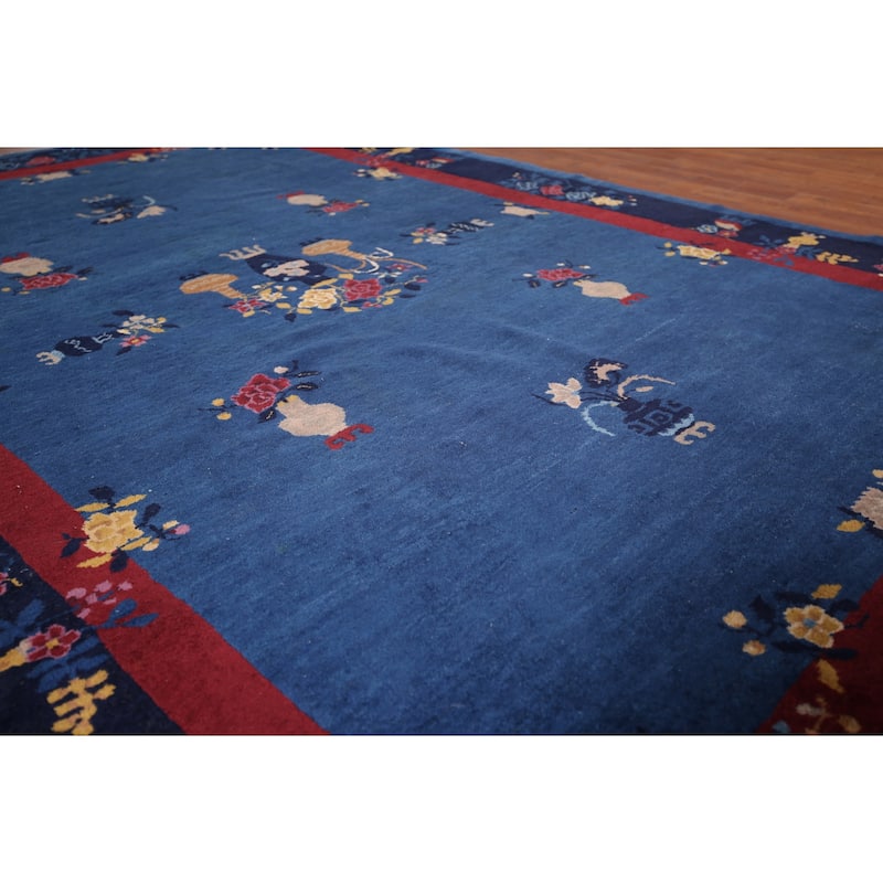 Vegetable Dye Blue Art Deco Chinese Antique Rug Handmade Wool Carpet - 6'1"x 8'10"