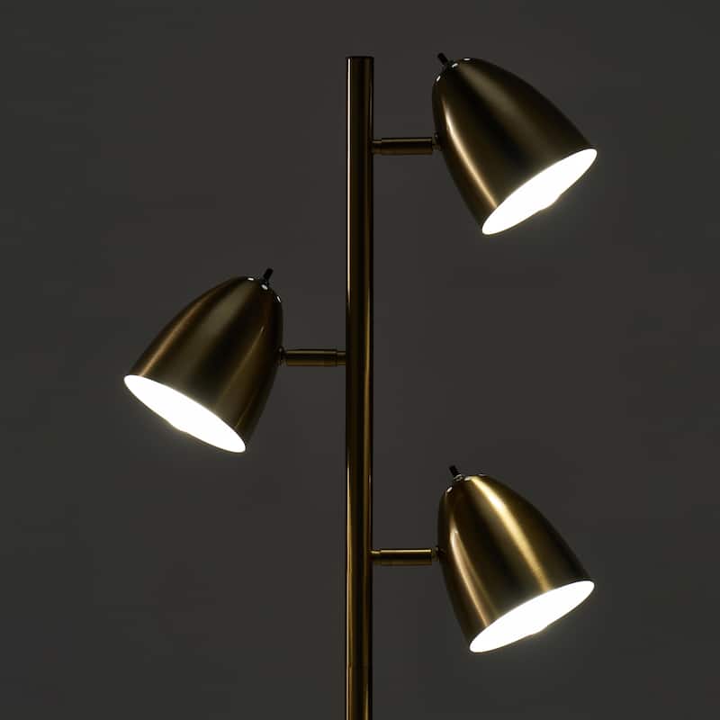 Brightech Jacob 64 in. Antique Brass Mid-Century Modern 3-Light Adjustable LED Floor Lamp with 3 Brass Metal Cone Shades