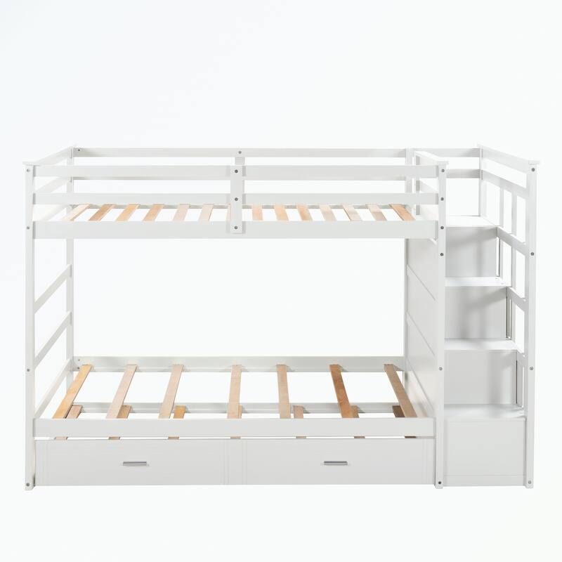 Hardwood Twin Over Twin Bunk Bed with Trundle and Staircase