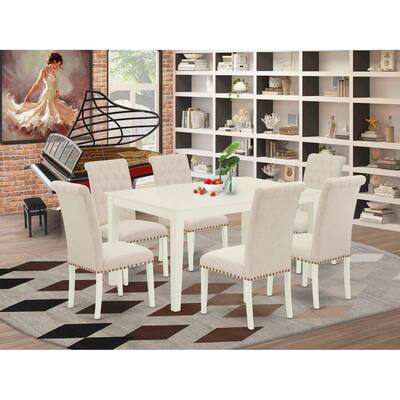 HomeStock 7-Piece Rectangle Linen White Finish Solid Wood Top Dining Table with 6-Parson Chairs with Lattice Back