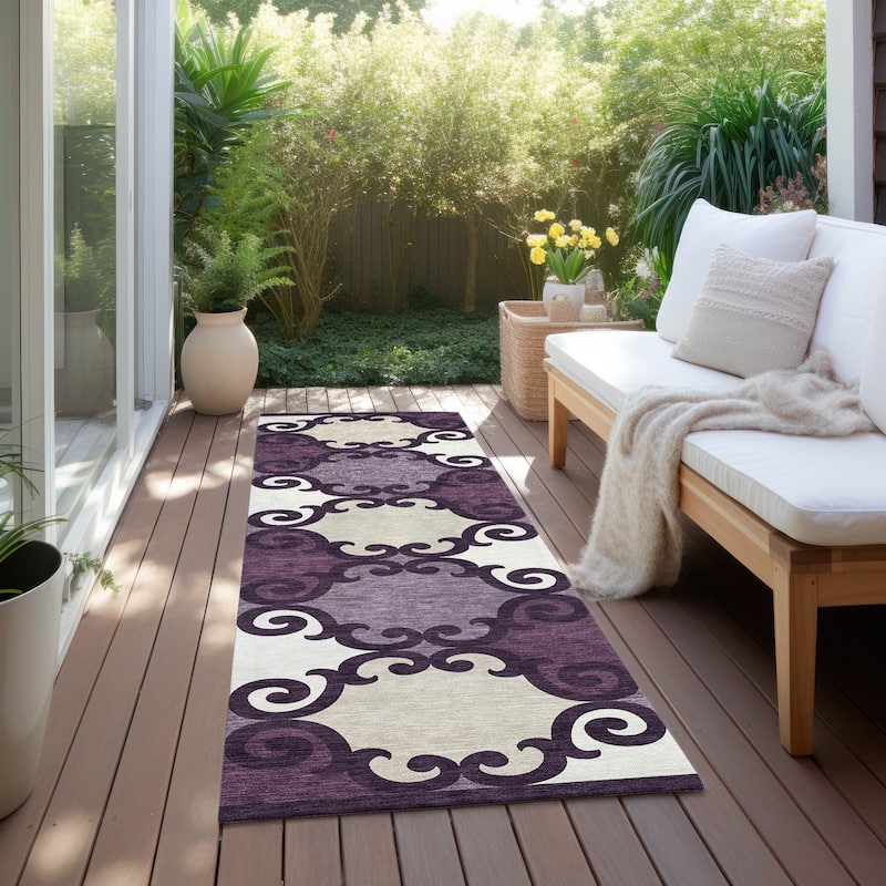 Machine Washable Indoor/ Outdoor Chantille Traditional Scroll Rug - Eggplant - 2'3" x 7'6"
