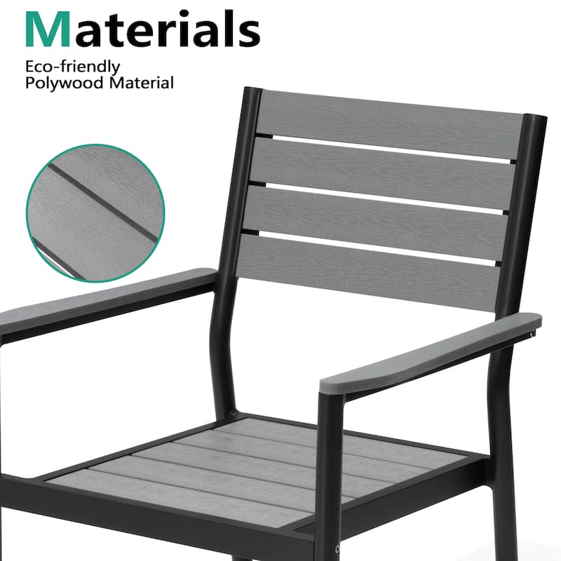 11PC Outdoor Patio Dining Set Wood-Like Aluminum Table with Stackable Armchairs,Double Top Market Umbrella and Wheel Base