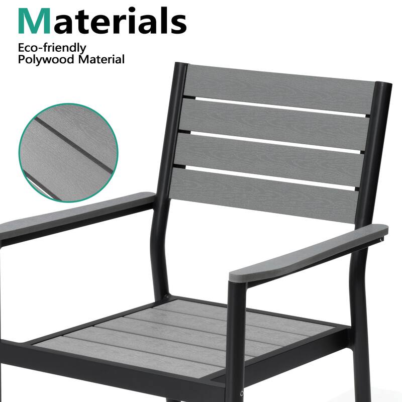 7-Piece Outdoor Patio Dining Set Wood-Like Table Top Alumium Umbrella Hole Table with Stackable Chairs