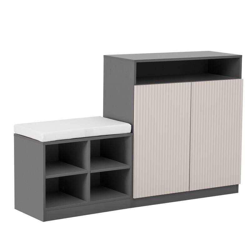 Entryway Bench Cabinet With Cushion, 2 Doors and 3-Tier Adjustable Shelves for Entryway Organization