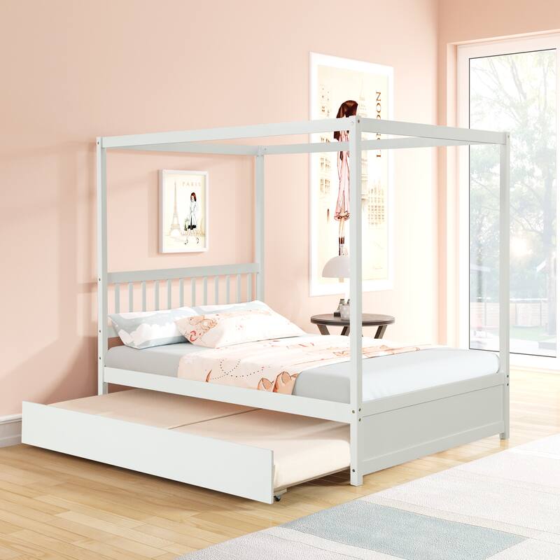 Wooden House Bed with Trundle, Roof Design, and Full Mattress Support