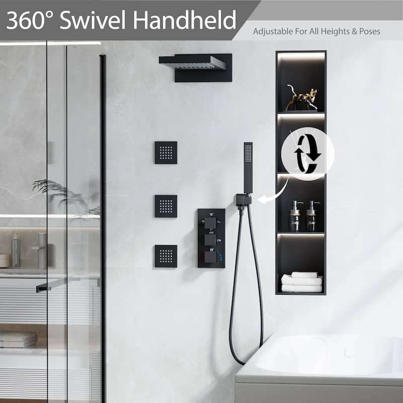 Luxury 3-Way Complete Rain Showerhead with High-pressure Handheld Showerhead&3-Body Jet in Black/Gold/Nickel