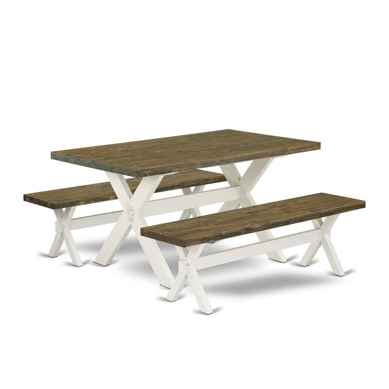 HomeStock 3-Piece Rectangle Distressed Jacobean Finish Solid Wood Top Dining Table with 2-Benches
