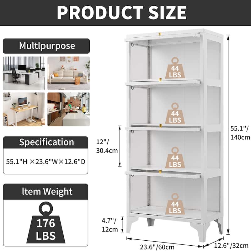 4/5-Tier Curio Display Cabinet with Glass Flip Doors & LED Light Strip