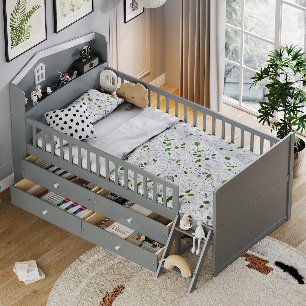 Wooden Twin Bed Frame with 4 Storage Drawers - Platform Bed with Guardrail Headboard & Ladder - No Box Spring Needed, for Kids