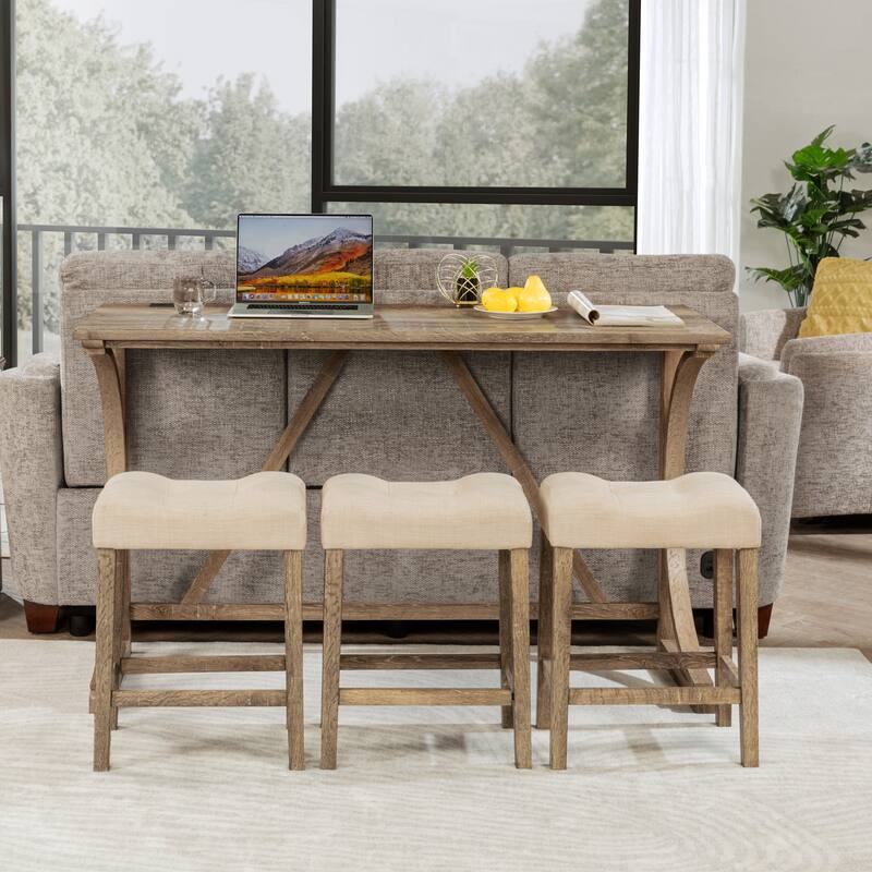 4 Piece Rubber Wood Dining Bar Table Set with 3 Padded Stools and Power Outlet