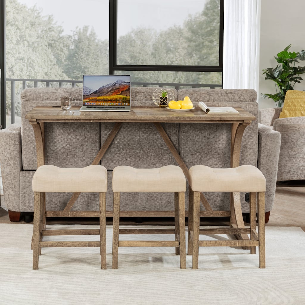 Brown Bar Table Set with USB Ports & 3 Padded Seat Stools