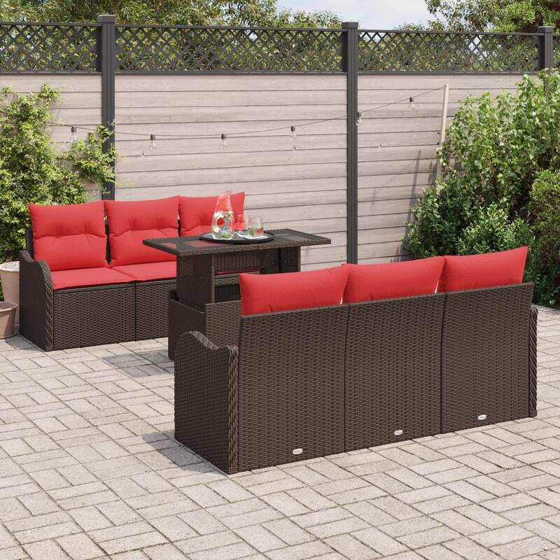 vidaXL 7 Garden Sofa Set with Cushions Black/Brown/Grey Poly Rattan - 69.3 x 24.4 x 27.2
