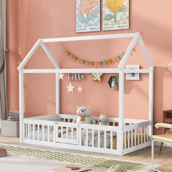 slide 2 of 8, White Twin Pine House Bed with Fence, Door, Solid Construction White