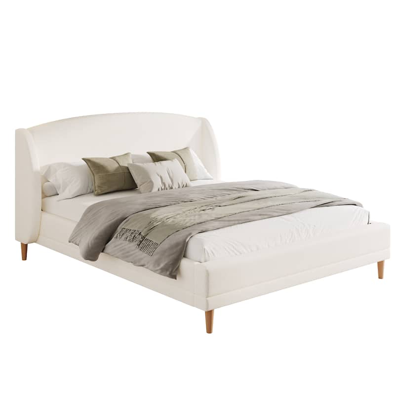 White Platform Bed, Boucle Fabric Upholstered Frame Rounded Corners Headboard Wingback Bed with Wood Slat Support