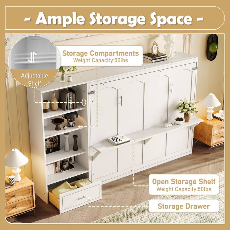 Murphy Bed Foldable Platform Bed Frame Queen Size Wall Bed with Drawer and Storage Cabinet Adjustable Height Compartments Shelf