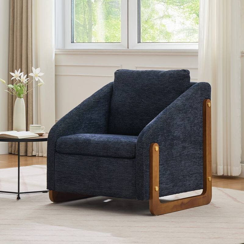 Modern Chenille Upholstered Armchair with Wooden Side Frame, Single Accent Leisure Chair with Backrest for Living Room, Bedroom