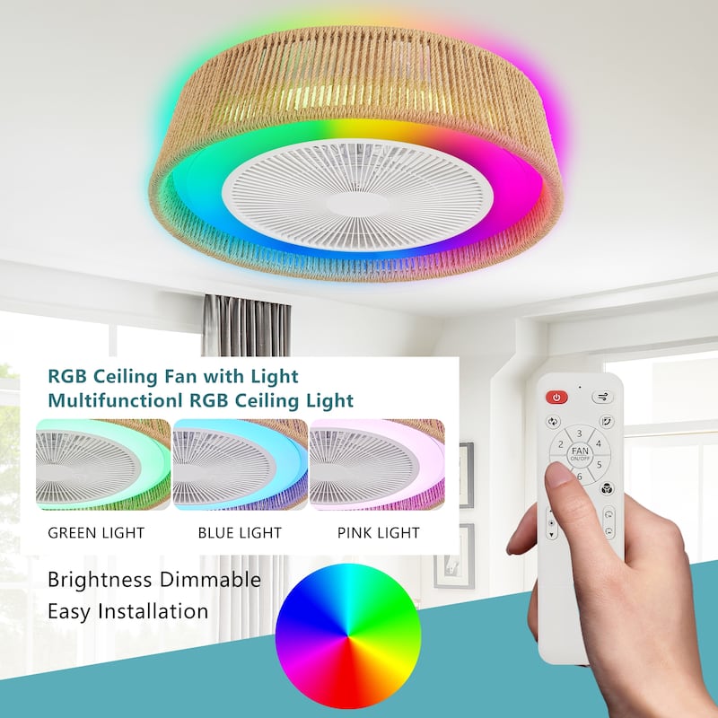 21" Modern Rustic Ceiling Fan Light with LED RGB Mood Lighting, Rope Woven Design, Quiet Fan, Semi Flush Mount - White