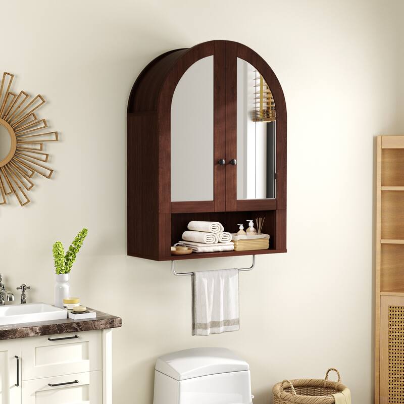 Wall Mounted Arched Cabinet with Mirrored Doors and Adjustable Shelves for Laundry Room, Bathroom, Kitchen