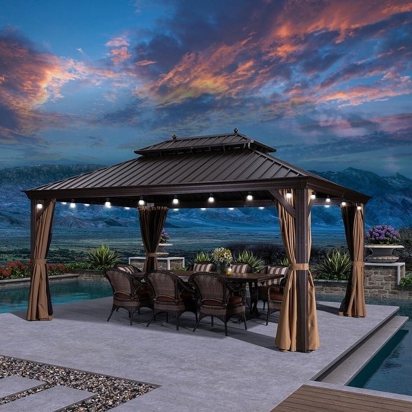 PURPLE LEAF Aluminum Teak-finish Outdoor Hardtop Gazebo - On Sale