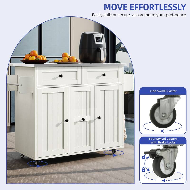 Moasis Wooden Kitchen Island with Drop Leaf Rolling Cart Extra Large Work Surface and Storage Drawers Towel Spice Rack