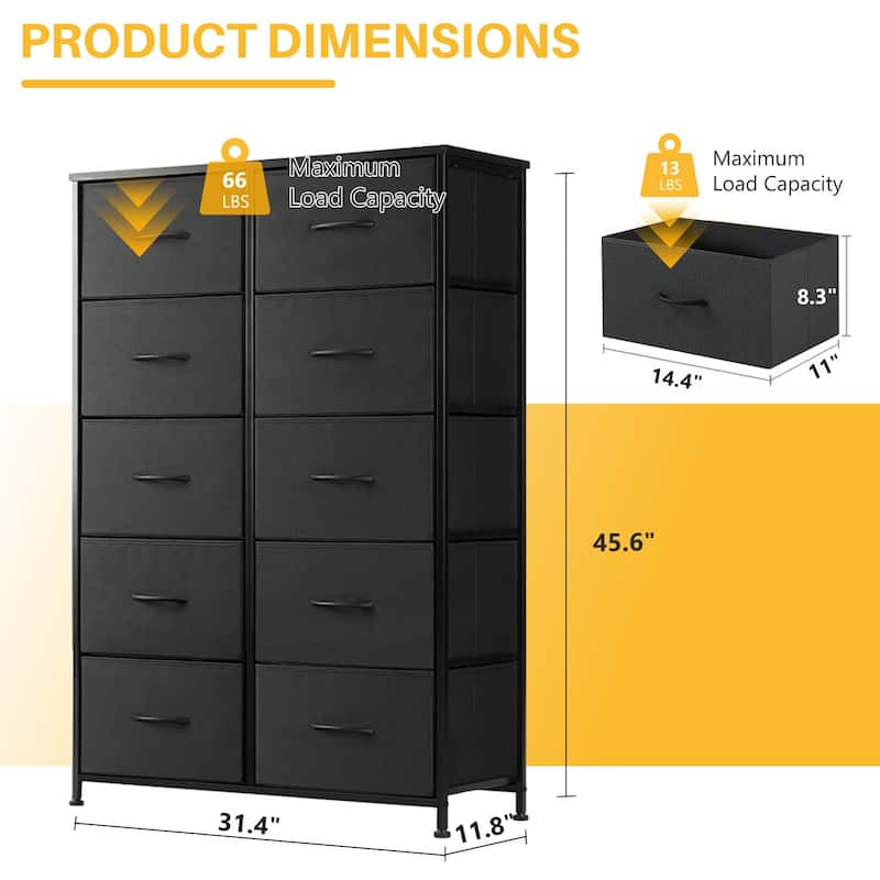 Dresser for Bedroom, 10 Storage Drawers, Anti-Tip Tall Fabric Closet Chests Organizer Tower Furniture Wooden Top Metal Frame
