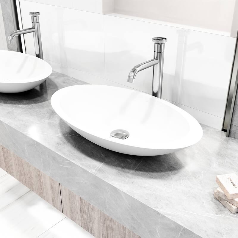 VIGO Wisteria 23"L x 14"W MatteStone Vessel Sink and Cass 12"H Faucet Set - White