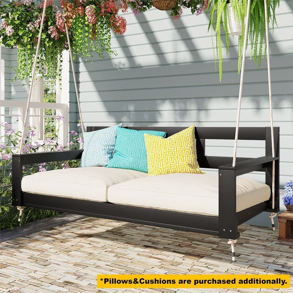 Patio Wooden Porch Swing Daybed Frame, Garden Swing Bench Chair with 4 Hanging Ropes (Cushions and pillows not included)