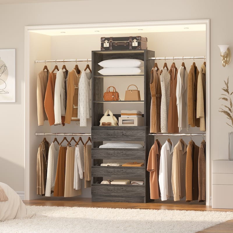 Rackcog 74''-115'' Closet System with 4 Wooden Drawers and 4 Hanging Rods, Sturdy Closet Organizer for Walk-in/Reach-in Closet - Black Oak