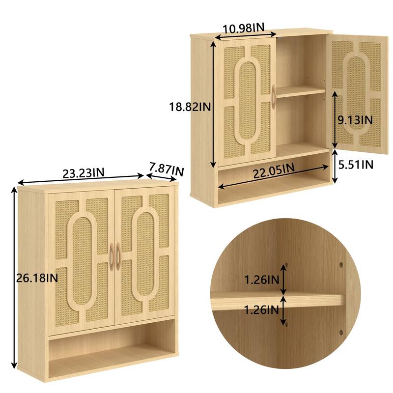 Javlergo Rattan Oak Wall Mounted Bathroom Storage Cabinet with Adjustable Shelves & Open Shelf Double Door Medicine Cabinet