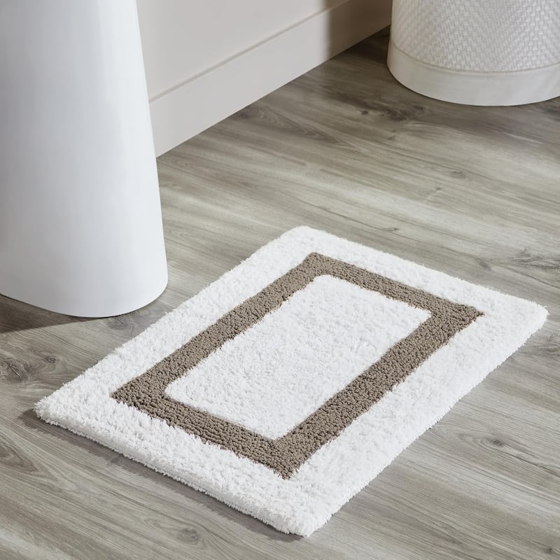 Better Trends Hotel Collection in Race Track 100% Cotton Super Absorbent Reversible Double Sided Machine Washable Bath Mat Rug - 17" x 24" Rectangle - White & Beige