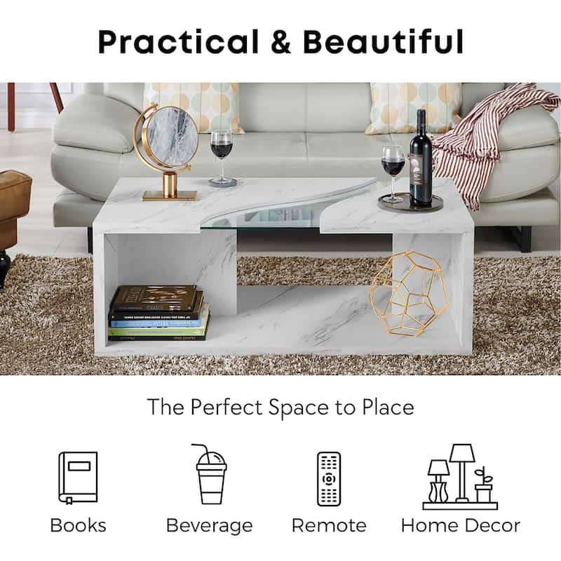 Kobe Modern Faux Marble Veneer Coffee Table with Shelf by Furniture of America