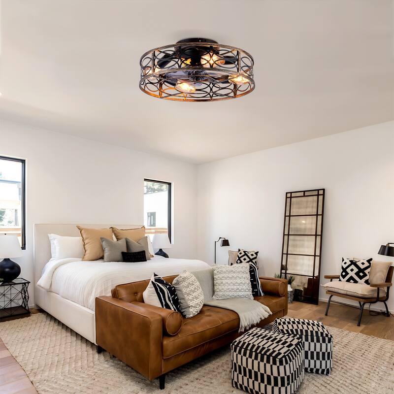 20" Low Profile Caged Ceiling Fans with Lights and Remote, Farmhouse Flush Mount Ceiling Fan with 6 Speeds Reversible Motor