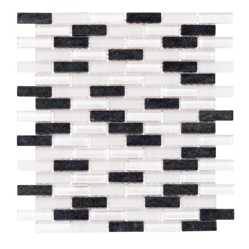 Victory Brick 1x3 Glass Linear Mosaic Tile - Wall, Backsplash - 4 x 4 Sample - Black and White