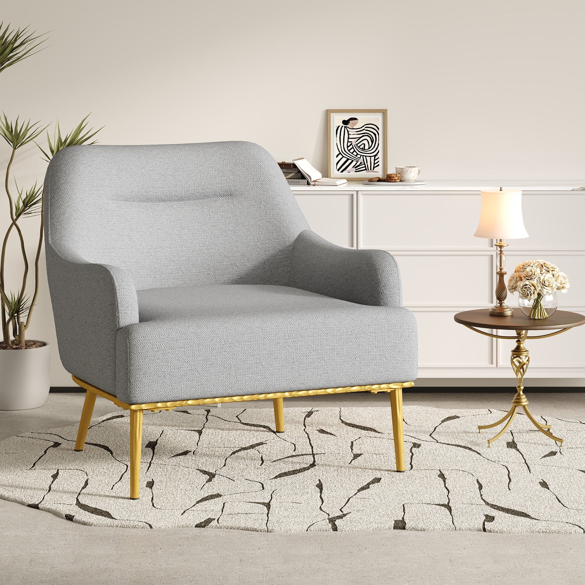 Accent Chair Grey Upholstered Armchair Sofa Chair with Curved Backrest, Vanity Chair Reading Chair with Metal Legs