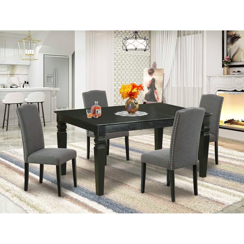 HomeStock 5-Piece Rectangle Black Finish Solid Wood Top Dining Table with 4-Parson Chair with Butterfly Leaf Lattice Back