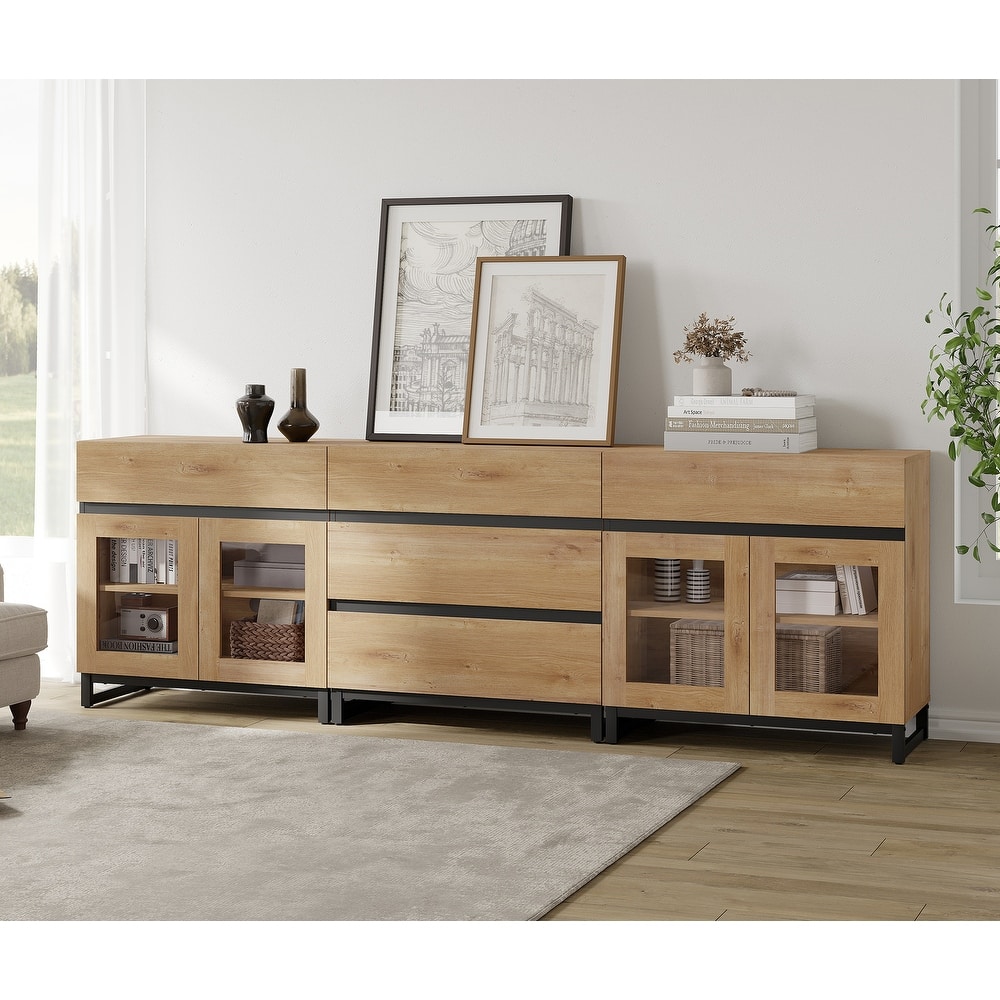 WAMPAT 3 in 1 Multifunctional Dresser with Glass Doors and 5 Drawers, Modern Chest of Drawers for Bedroom