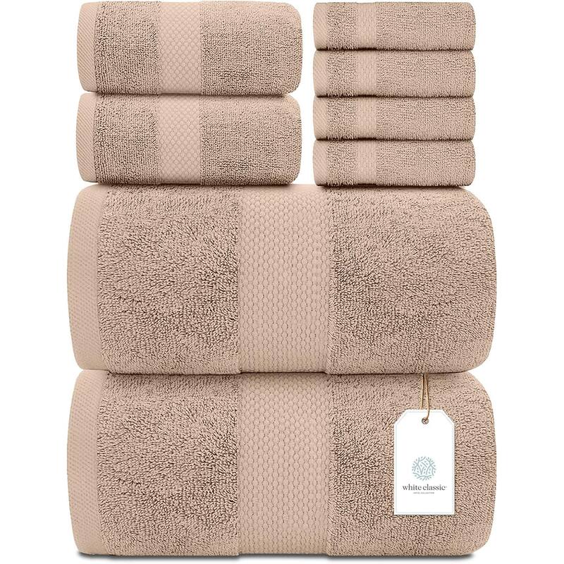 White Classic Luxury Cotton 8Pc Multi Size Towel Set [2 Bath Towels, 2 Hand Towels, 4 Washcloths] - Taupe