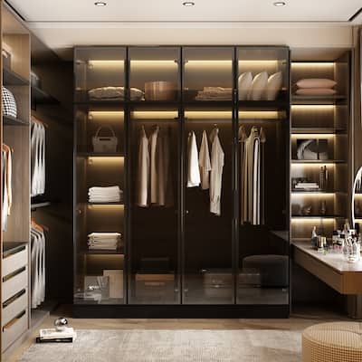 Elegant Black Wardrobe with LED Lighting and Tempered Glass Doors