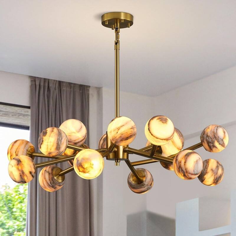 KAYLA Modern Sputnik Alabaster Chandelier, 18 Light Gold & Smoked Alabaster Globe Chandeliers - 31.5in