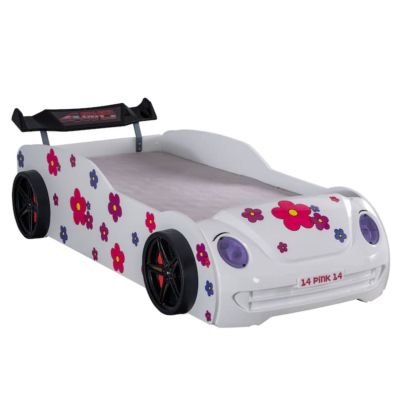 Furniture of America Isola Modern White Twin Race Car-Shaped Platform Bed with LED Headlights and Sound