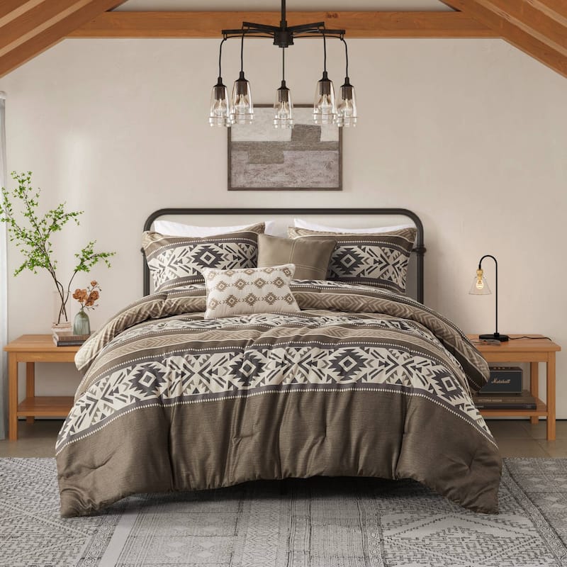 Madison Park Mariposa 5 Piece Stripe Herringbone Comforter Set with Throw Pillows - Brown - Queen