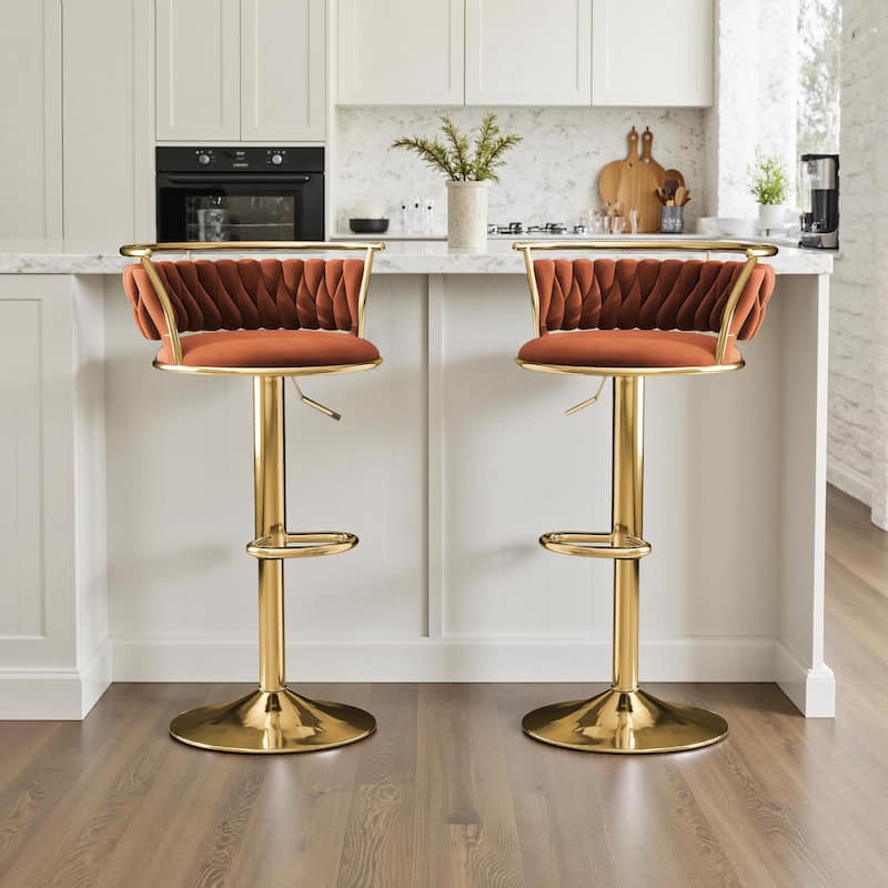 Velvet Upholstered Adjustable Bar Stool Swivel Counter Chair Set of 2 - Orange/Gold - Set of 2