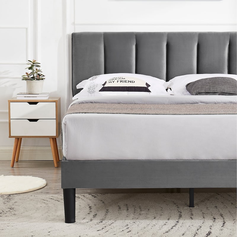 Javlergo Velvet Upholstered Platform Bed Frame with Adjustable Headboard