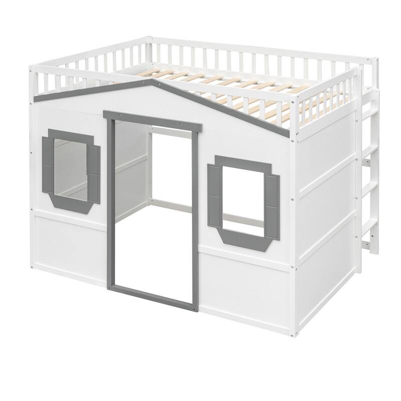 Solid Wood House Loft Bed with Window Design and Ladder, Twin/Full Size Playhouse Bed Loft Bed Frame with Guardrail for Kids
