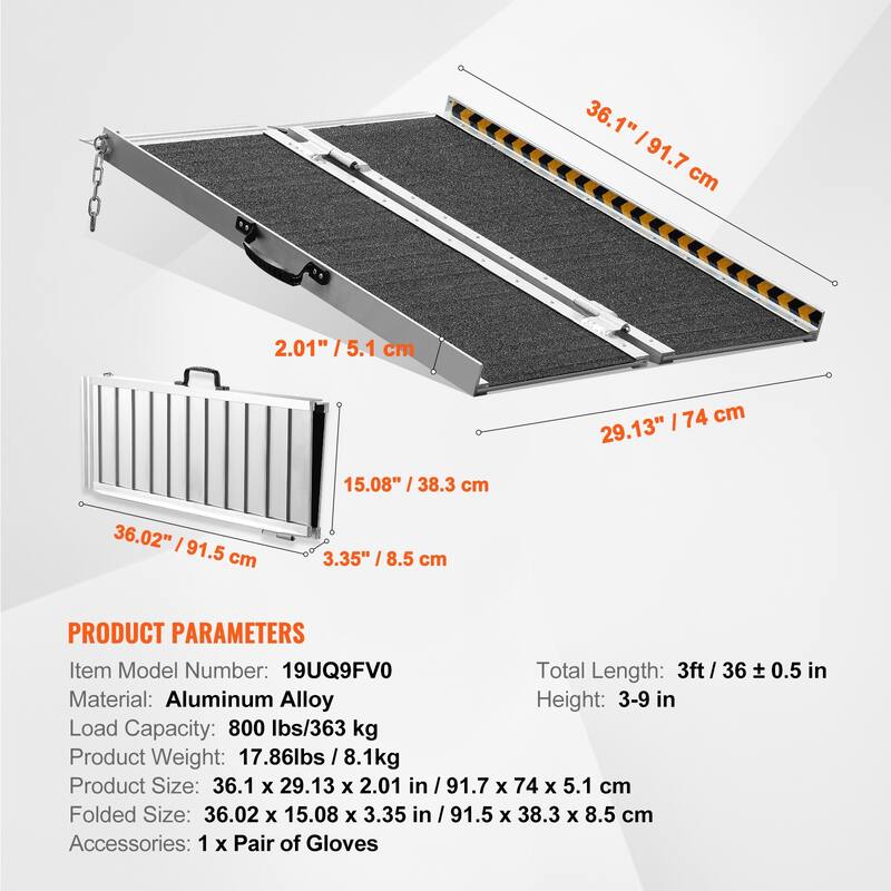 Portable Wheelchair Ramp, 3 ft 800 lbs Capacity, Non-Slip Aluminum Folding Threshold Ramp